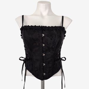 Black Jacquard Lace Up Side Convertible Strap Ruffle Trim Corset Top